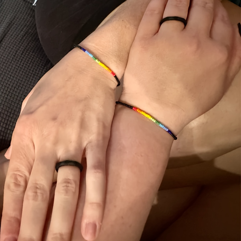 2pcs Rainbow Beaded Stretch Bracelets Colorful Boho Elastic Bangle Set